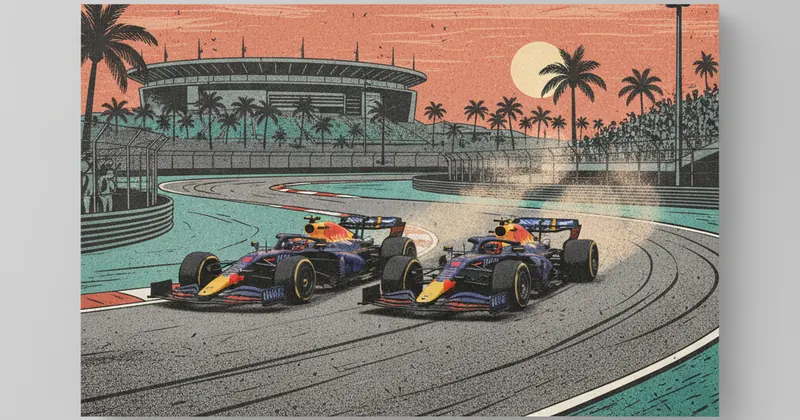 मियामी ट्रैक पर दौड़ती F1 कारें।