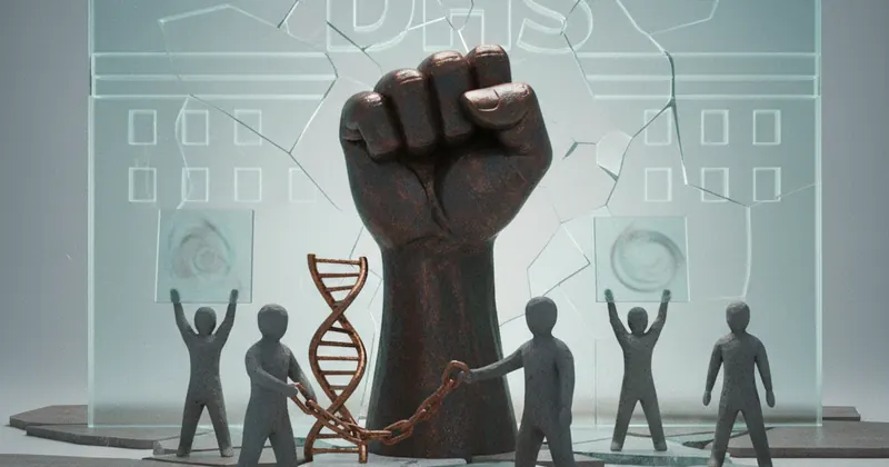 DHS के खिलाफ प्रदर्शन करते लोग।